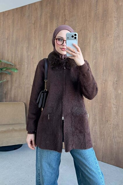 Gökçe Kürklü Angora Hırka Kahve