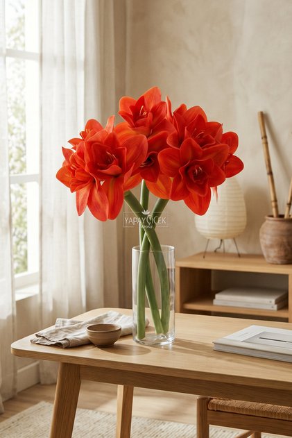 Yapay Çiçek Islak Raw Beauty Amaryllis Dalı 60 cm Alev Turuncu