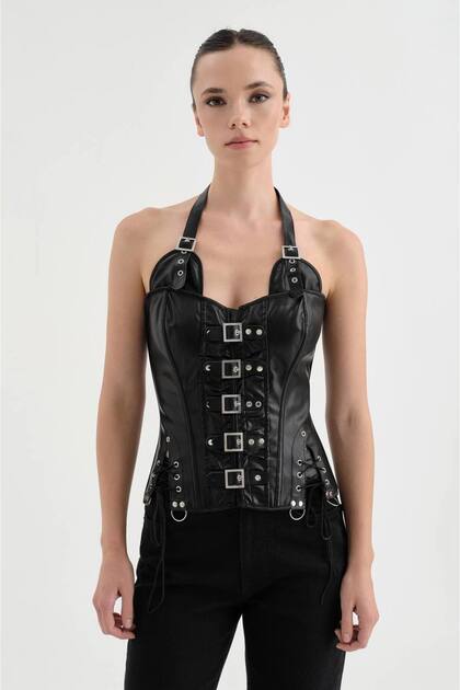 Women's Leather Metal Buckle Detailed Halter Neck Design Corset