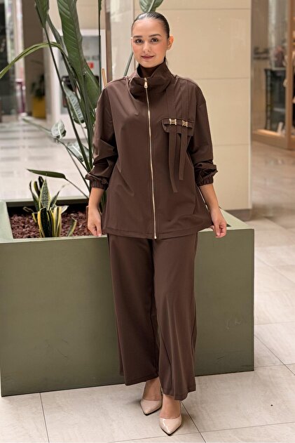 High Collar Stripe Detailed Front Zipper Cap Trouser Set