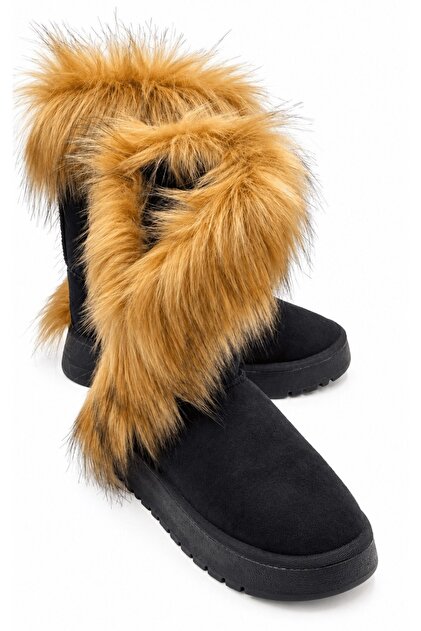 Cool Women's Black Plush Fur Winter Boots 5 cm Heel