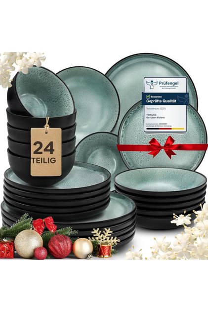 Set de veselă, set de 24 de piese pentru 6 persoane, farfurii de 27 cm și 20,5 cm, farfurii adânci de 21 cm, boluri de 14 cm