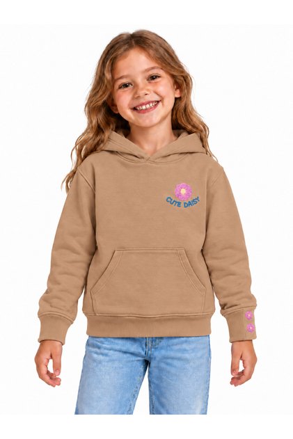 19710-26 Girl's Floral Embroidered Hooded Kangaroo Pocket Sweatshirt 5–8 Years