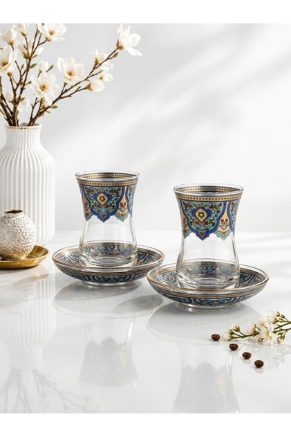 Turkish Tea Glasses Set for 2 | Traditional Gold & Blue Turkish Design | Made in Turkey