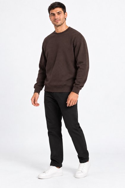 Thick Textured Crew Neck Long Sleeve Basic Sweatshirt with Elasticated Skirt and Sleeves in Brown