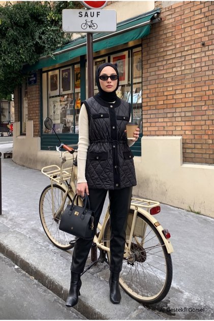 Kapitone Bel Ayarlı Yandan Cepli Yelek 82 Cm Boy Siyah 26KT520