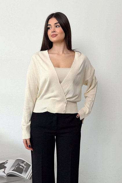 Women's Double-Breasted Collar Detailed Cardigan Tan - 27K 2655