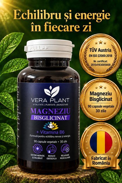 Vera Plant Magneziu Bisglicinat cu Vitamina B6, supliment alimentar, 90 capsule vegetale