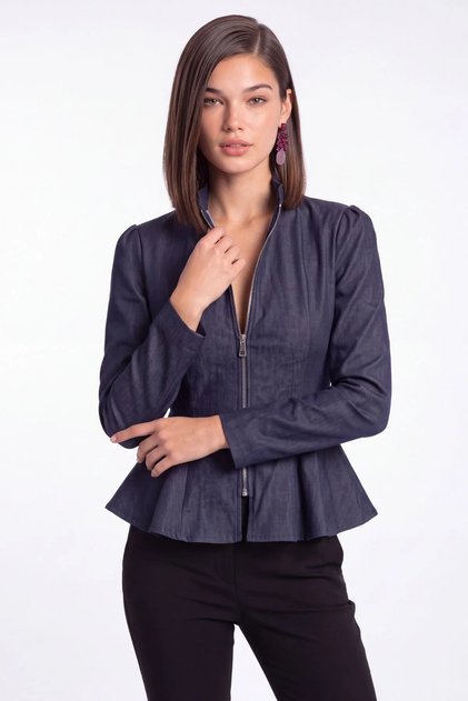 Kadın Peplum Detaylı Fermuarlı Denim Ceket
