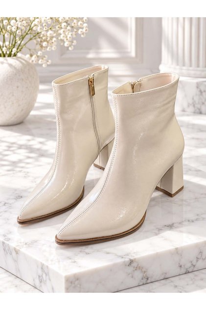 Yona Women's Beige Wrinkled Patent Leather Pointed Toe Front Stitching Detailed Zippered Warm Lining Inside 7 cm Thick Sole