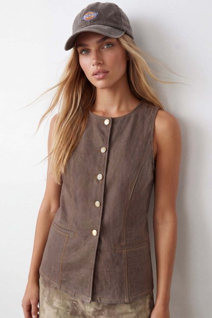 Women's Brown Metal Buttoned Denim Vest Alc-X15986