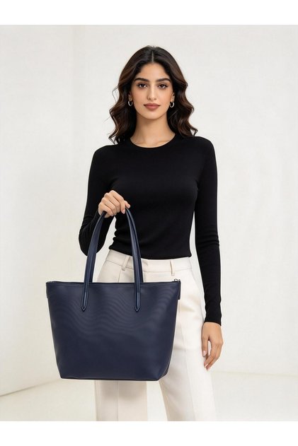Navy Blue Lightweight Tote Bag, La-cos-test Embroidered Crocodile, Women Office Handbag