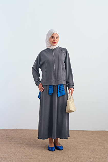 Women's Sewing Detail Zippered Skirt Suit Gray