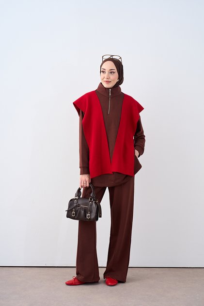 Women's Stand Collar Zip-Front Pantsuit with Grass Detail in Brown