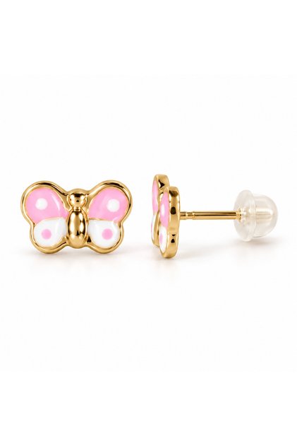 L’Or by Diamanta Cercei pentru copii cu fluture roz din aur galben de 9K