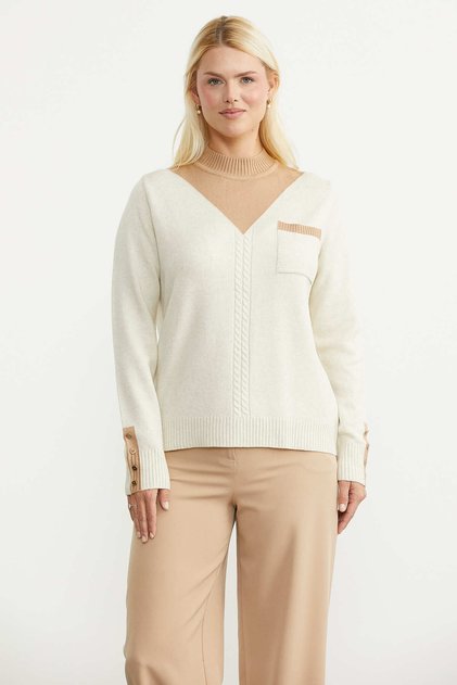 High Collar Patterned Knit Sweater - Stone