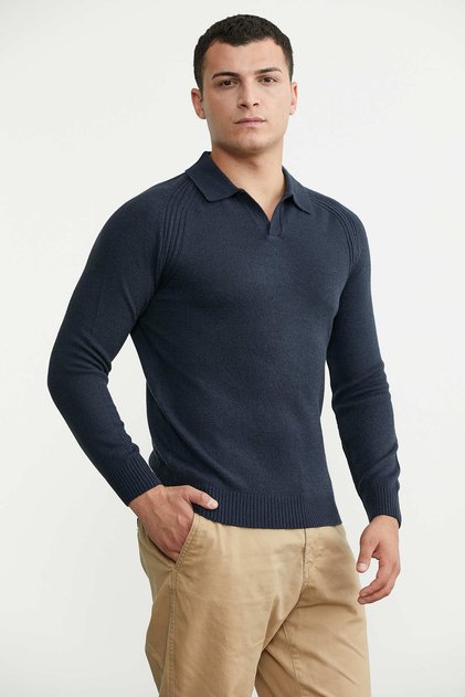 Turn-Down Collar Basic Knitwear Sweater - Navy Blue