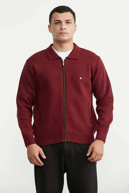 Shirt Collar Zippered Wool Knitwear Coat - Claret Red - Black