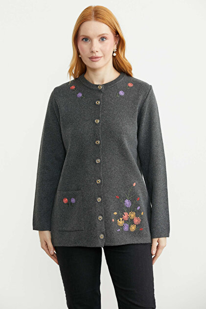 Wool Thick Embroidered Knitwear Jacket - Dark Gray