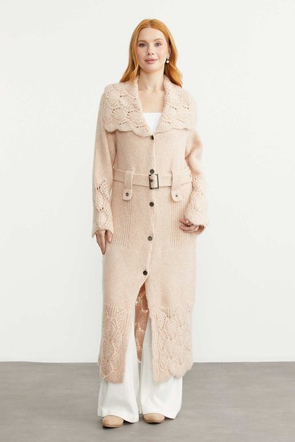 Beli Belted Long Knit Cardigan - Beige