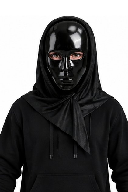 Mască Halloween Full Face Neagră Lucioasă cu Glugă, Fără Expresie, pentru Carnaval, Cosplay și Petreceri Tematice