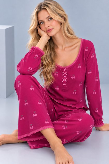 Women's Patterned Lace Detailed Bow and Button Long Sleeve Pajama Set