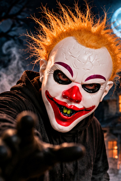 Mască Halloween Clovn Horror cu Păr Portocaliu, Nas Roșu și Zâmbet Înfricoșător, pentru Carnaval și Petreceri