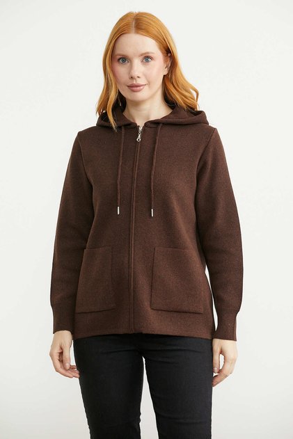 Hooded Wool Knit Cardigan with Pocket Detail - Brown