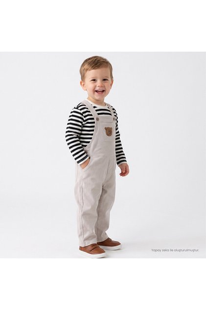 HelloBaby Erkek Bebek Salopet-Tişört Ayı Baskılı Düğmeli Bisiklet Yaka Long Sleeve Reçme