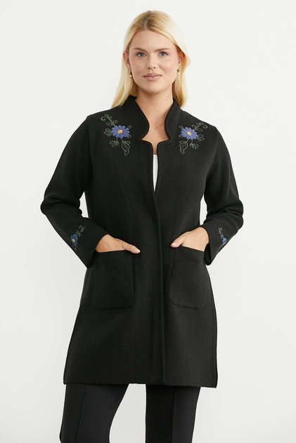 Embroidery Detailed Woolen Long Knit Cardigan - Black - Dark Gray