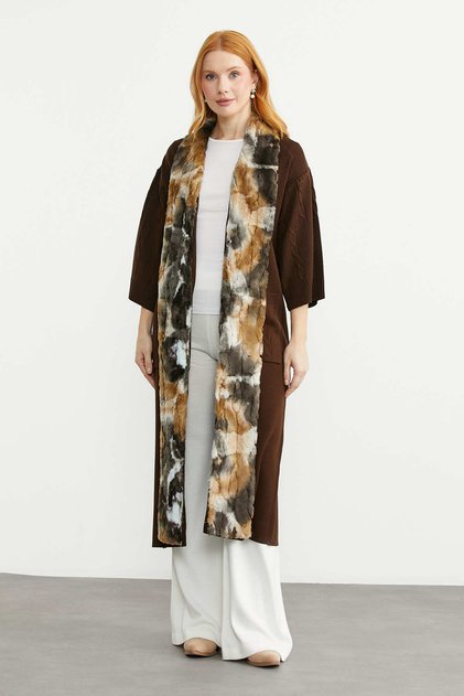 Long Knitwear Cardigan with Faux Fur Detail - Brown