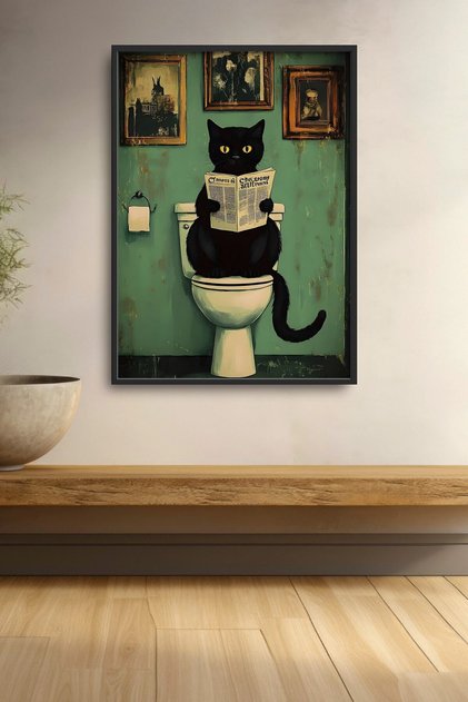Black Cat Reading Newspaper in the Toilet Framed Painting Cat Poster Modern Wall Decor Kedi46