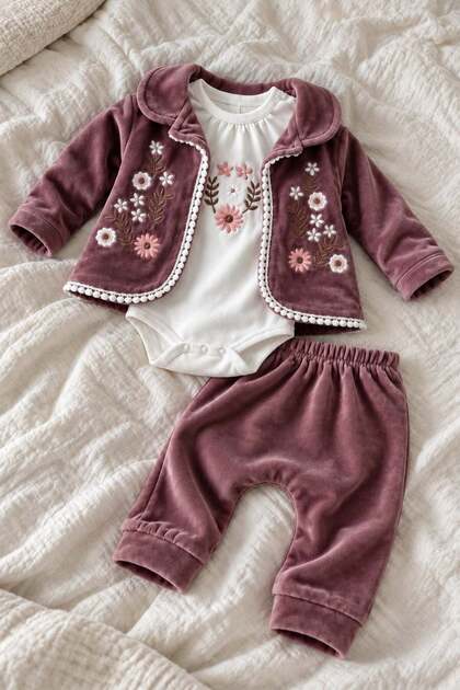 Baby Girl Floral Embroidered Velvet Cardigan Long Sleeve Snap Fastener Badi Velvet Tracksuit 3-Piece Bottom Top Set 0-