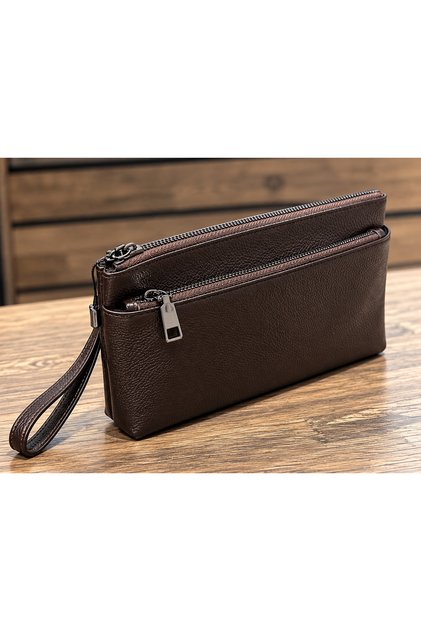 100% Genuine Leather Black Double Zipper Handbag – Multi-Compartment Portfolio Wallet with Wrist Strap
