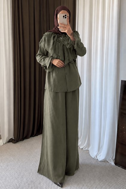 Lace Detailed Trouser Suit with Tie Front - 5325 - Khaki