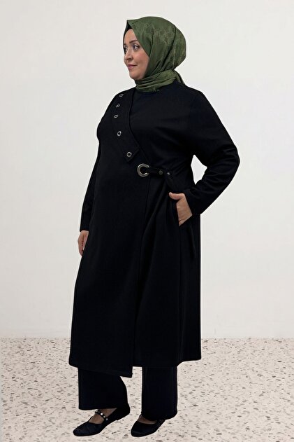 63024 Large Size Double-Breasted Collar Belt Snap Modal Cap - Black