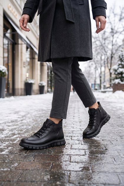 Black Genuine Leather, Fur Inside, Cold Resistant, Rubber Sole, Zippered Women's Boots Z1118