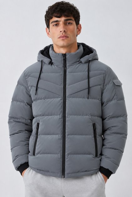 Men's Hooded Casual Winter Gray Puffer Coat