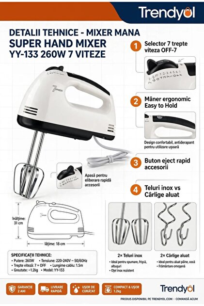 Μίξερ χειρός YY-133 260W 7 ταχύτητες OFF-7 - λευκό/μαύρο