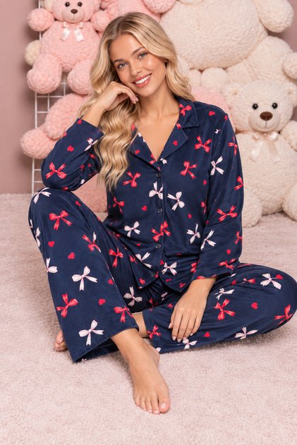 Plaid Pattern Navy Blue Suede Knitted Long Sleeve Women's Buttoned Pajama Set