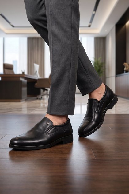 Black Genuine Leather Side Elastic Rubber Sole Stylish Comfortable Men's Classic Shoes 064