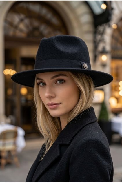 Women's Black Wide Brim Hard Felt Fedora Hat with Metal Buckle Belted Panama Cowboy Winter Hat