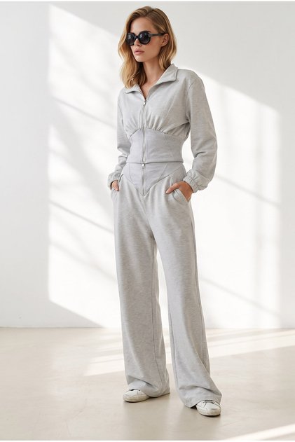 Women's Gray Top and Bottom Draped Modal Set Tkm-19000516