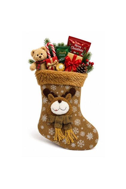 42x27 cm Geyik Figürlü Yılbaşı Hediyelik Çorabı Peluş Ağızlı Noel Baba Hediye Çorabı Dekoratif Yılbaşı Süsü