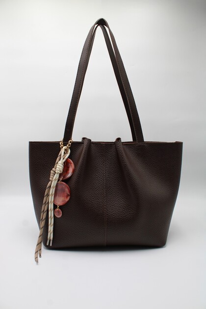 Women's Brown Textured Large Size Zippered Hand, Arm and Shoulder Bag with Laces and Buckle Charms