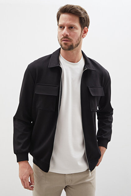 Zippered Double Pocket Polo Collar Interlock Jacket