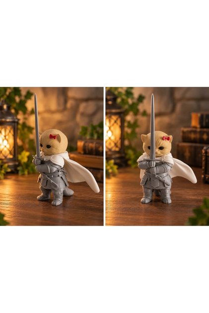 Şövalye Kedi Figürü – Meme Kedi Dekoru – Sevimli Kedi Biblo – Masaüstü Dekorasyon – 3D Baskı