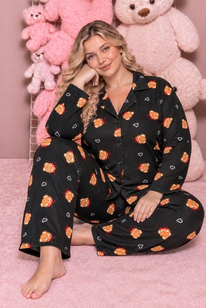 Bear Pattern Black Suede Knitted Long Sleeve Plus Size Women's Buttoned Pajama Set