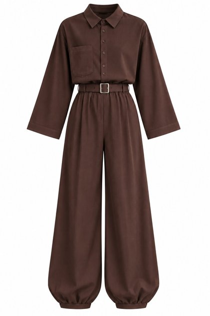 Brown Snap Fastener Modal Shirt and Belted Shalwar Trousers Set - 2Y8396