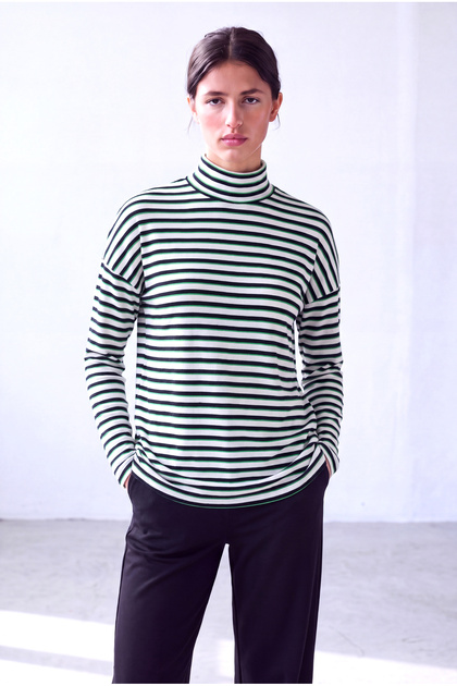 Women's Black Green Striped Viscose Blend Turtleneck Long Sleeve Off Shoulder Side Slit Hannah